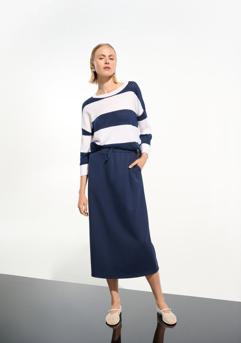 COTTON BLEND STRIPE PRINT CREWNECK SWEATER