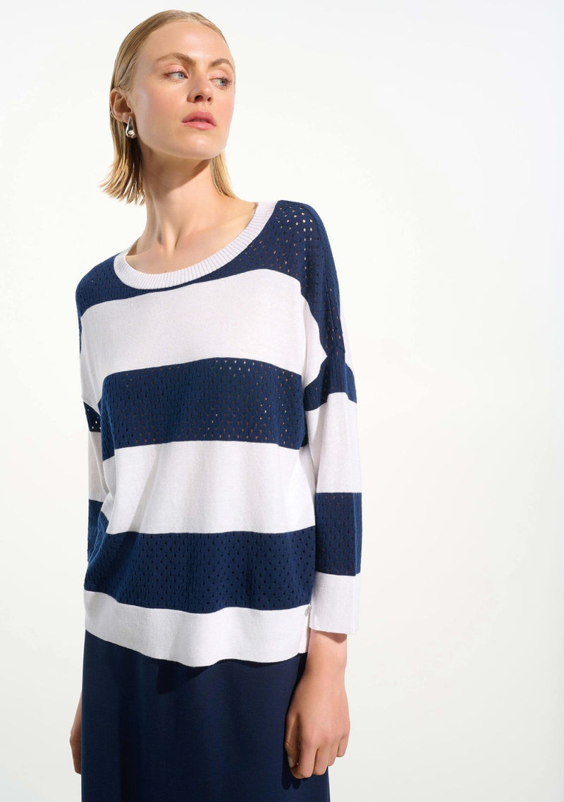 COTTON BLEND STRIPE PRINT CREWNECK SWEATER