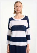COTTON BLEND STRIPE PRINT CREWNECK SWEATER