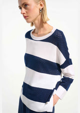 COTTON BLEND STRIPE PRINT CREWNECK SWEATER