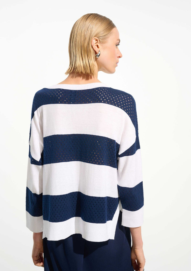 COTTON BLEND STRIPE PRINT CREWNECK SWEATER