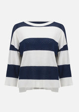 COTTON BLEND STRIPE PRINT CREWNECK SWEATER