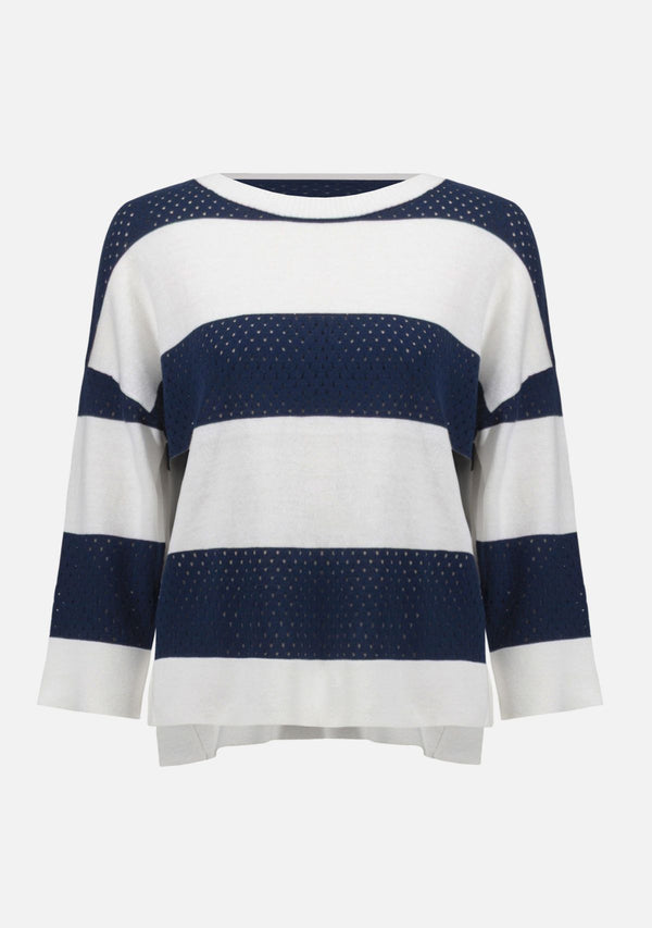 COTTON BLEND STRIPE PRINT CREWNECK SWEATER
