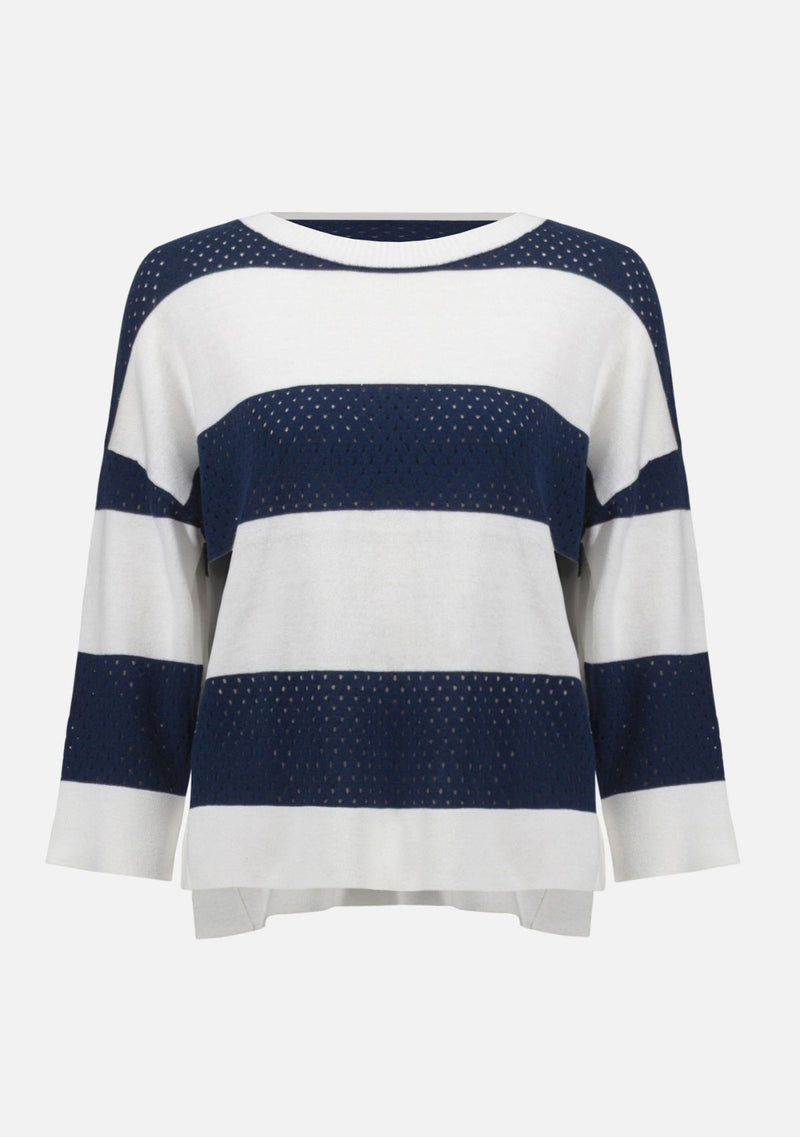 COTTON BLEND STRIPE PRINT CREWNECK SWEATER