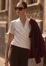 RECYCLED SATIN AND SILKY KNIT WRAP TOP