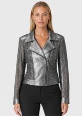 FOILED FAUX SUEDE MOTO JACKET